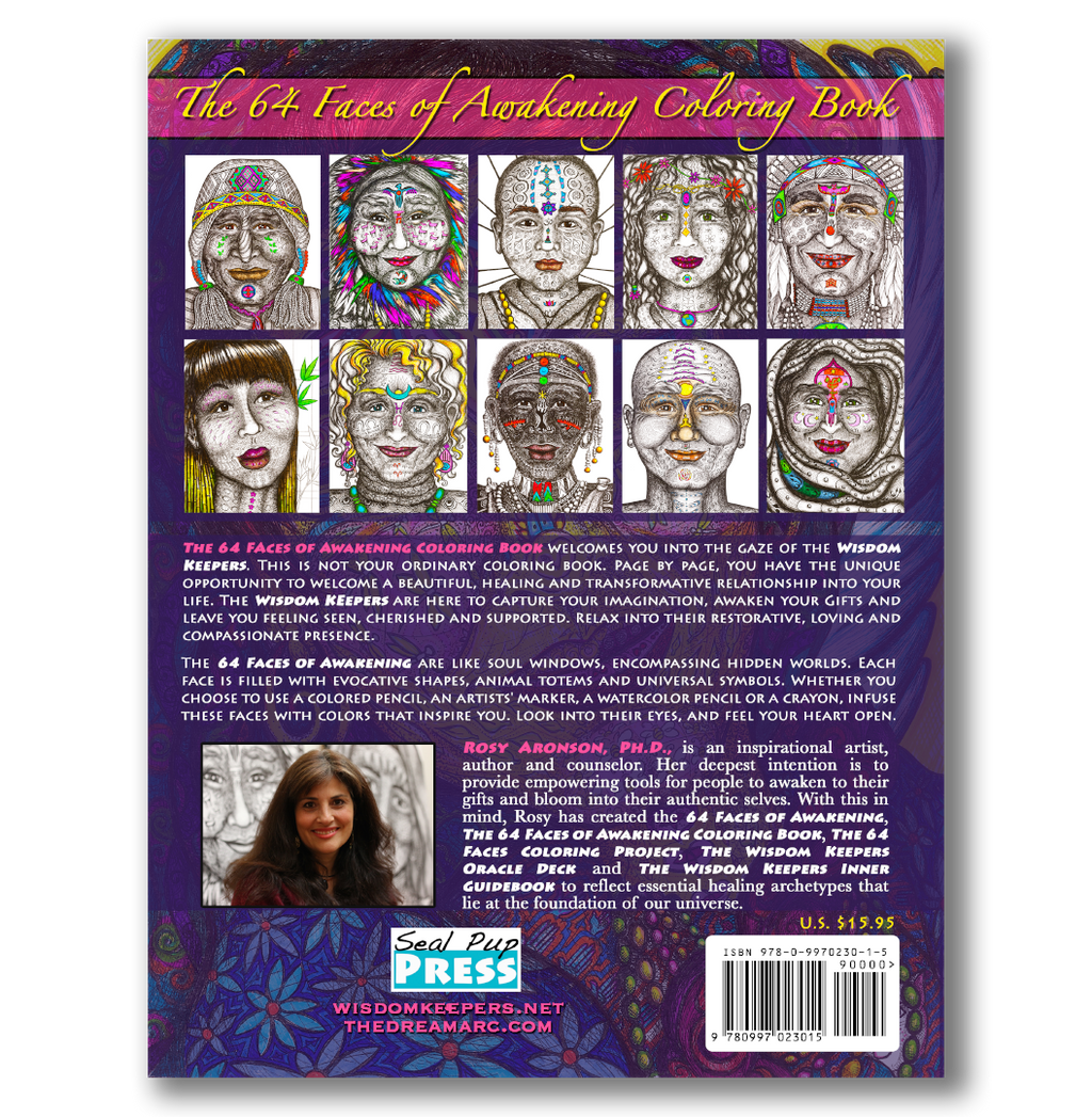 The 64 Faces of Awakening Coloring Book Back Cover a Relaxing Heart-Opening Journey-into the World of the Wisdom Keepers